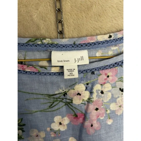 J. JILL Women's XS Petite Linen Clear Blue Floral Lagenlook Sleeveless Shift - Picture 5 of 7